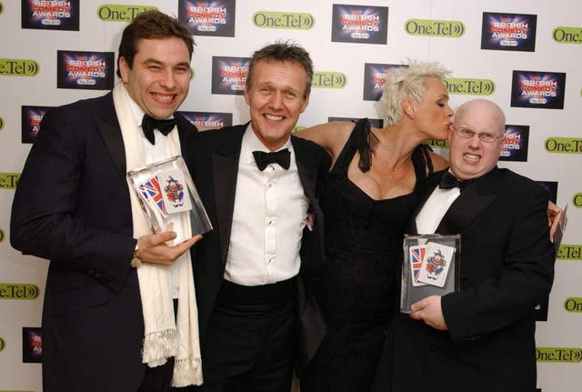  David Walliams and Matt Lucas, who received a best comedy award for Little Britain, with co-star Anthony Head and presenter of the award Brigitte Nielsen