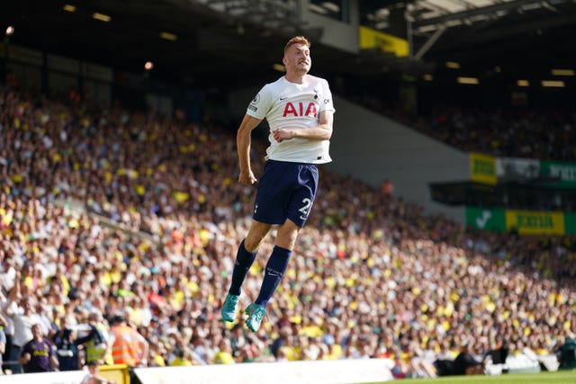 Tottenham’s Dejan Kulusevski celebrates scoring in a 5-0 rout of Norwich