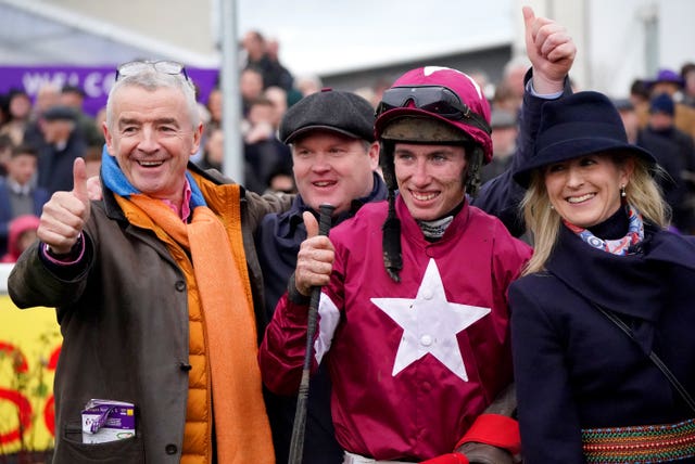 Jack Kennedy (second right) after winning last month's Savills Chase at Leopardstown on Conflated 