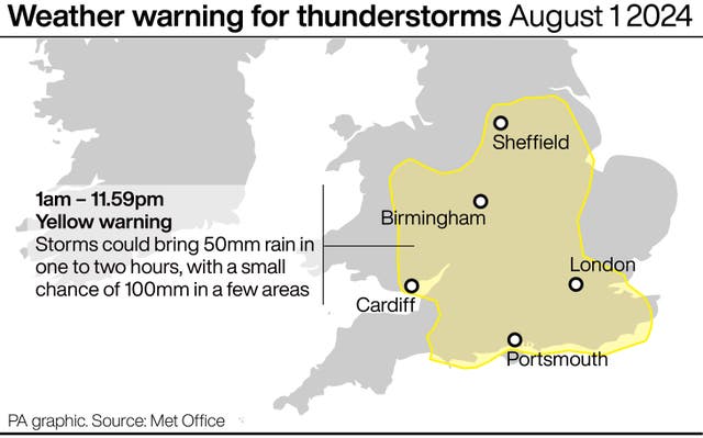 Graphic showing weather warning for thunderstorms August 1 2024.