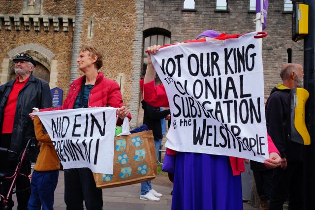Protesters ahead of the Accession Proclamation Ceremony at Cardiff Castle on Sunday