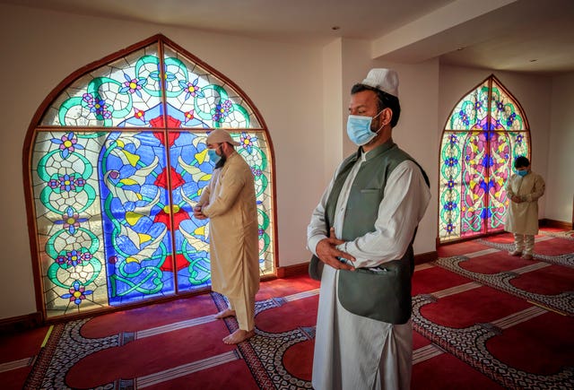 Worshippers observe social distancing at the Bradford Central Mosque 