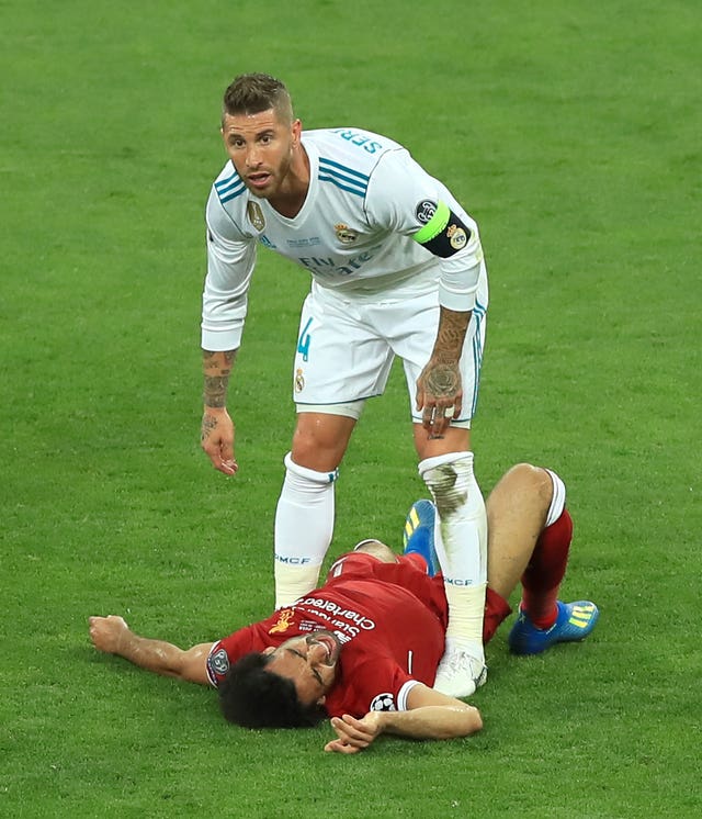 Sergio Ramos tangled with Salah in the first half