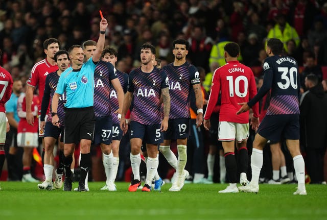 Tottenham midfielder Rodrigo Bentancur, right, was sent off
