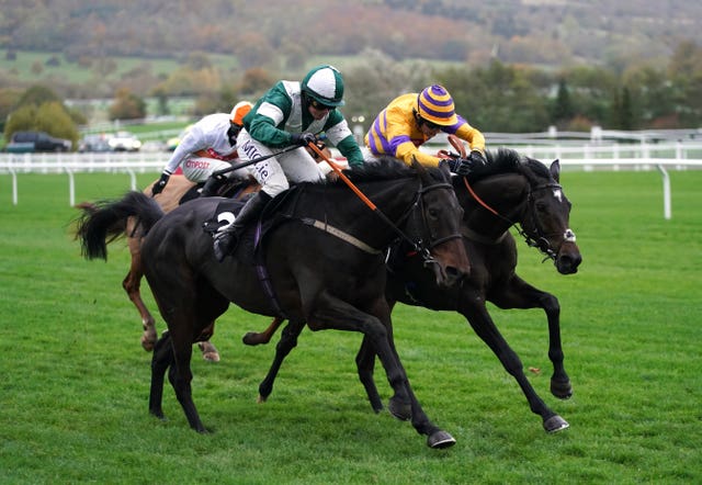 Blazing Khal on the way to winning the Ballymore Novices’ Hurdle at Cheltenham in 2021