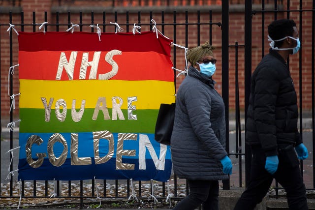 A banner in support of the NHS opposite King’s College Hospital in south London