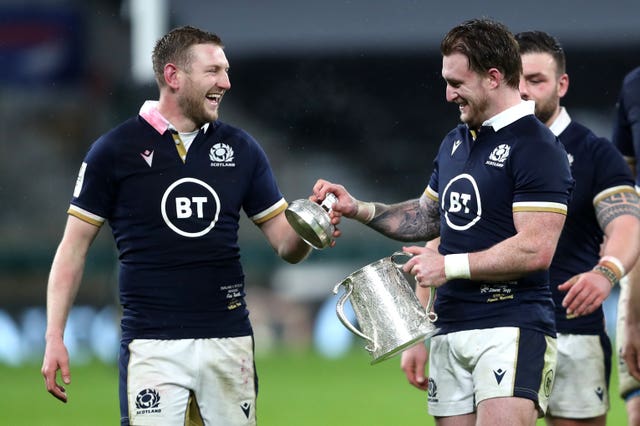 Scotland’s Finn Russell and Stuart Hogg with the Calcutta Cup