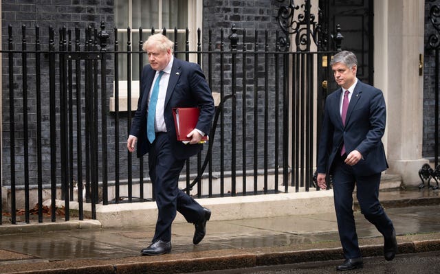 Prime Minister Boris Johnson pictured leaving 10 Downing Street with Ambassador of Ukraine to the UK Vadym Prystaiko, to attend Prime Minister’s Questions