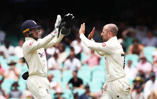 England’s Jack Leach ( Right ) celebrates with Ollie Pope