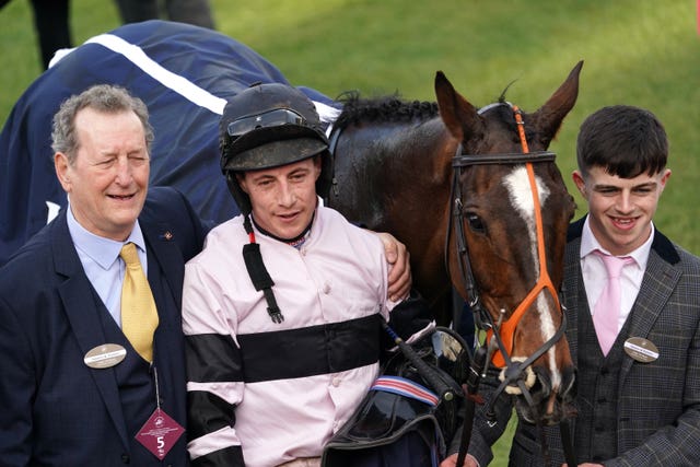 Bradley Gibbs celebrates winning The St. James's Place Festival Challenge Cup Open Hunters' Chase on Premier Magic on day four of the Cheltenham Festival 
