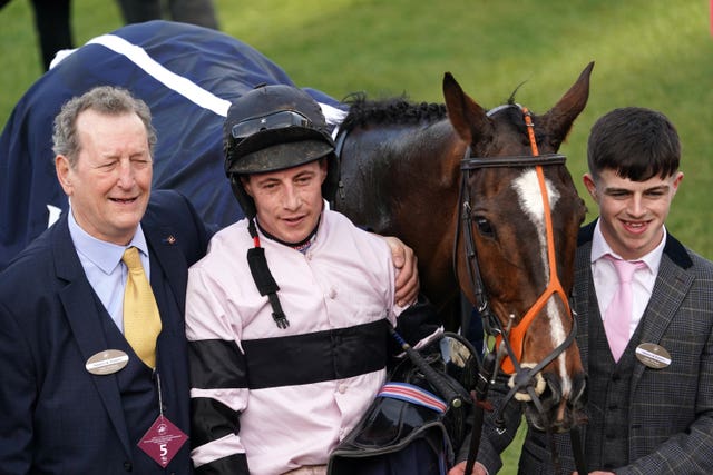 Bradley Gibbs celebrates winning The St. James’s Place Festival Challenge Cup Open Hunters’ Chase on Premier Magic on day four of the Cheltenham Festival 