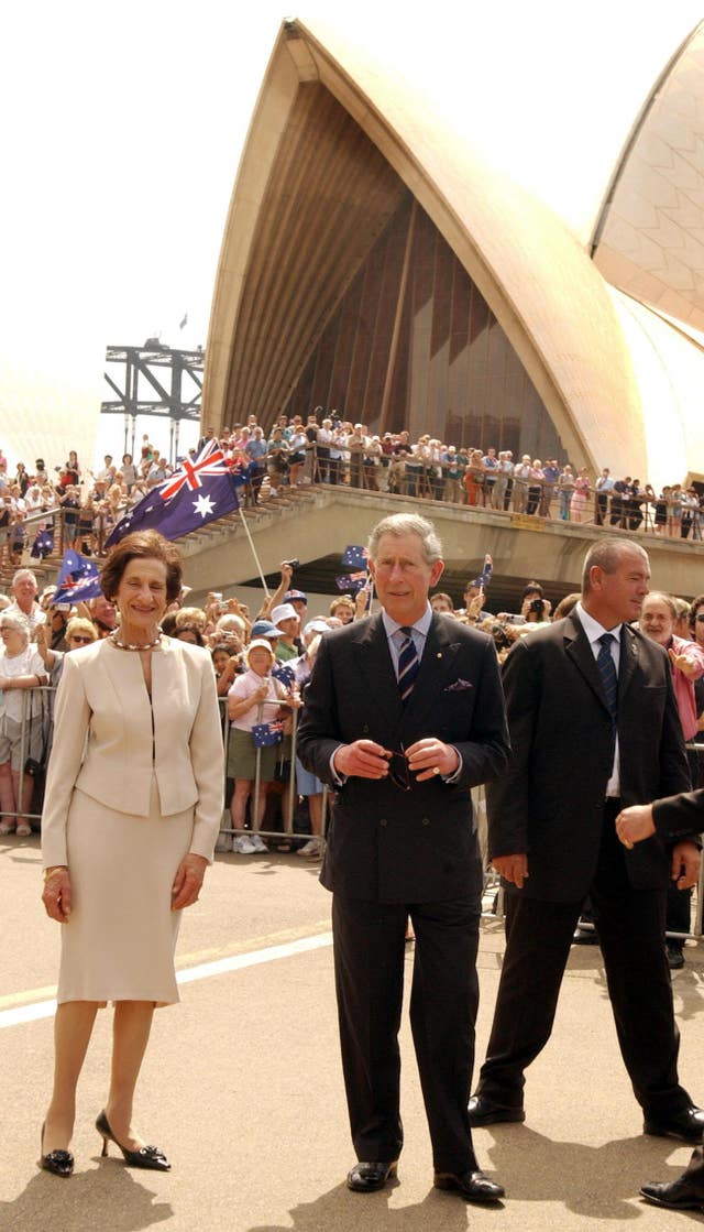 The Prince of Wales walks with Professor Marie Bashir AC, the Governor of New South Wales, outside the Sydney Opera House