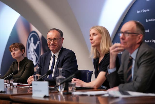 (left-right) Deputy governor of the Bank of England Clare Lombardelli, governor Andrew Bailey, head of media Katie Martin and Bank of England deputy governor for markets and banking Dave Ramsden during the Bank of England Monetary Policy Report press conference at the Bank of England in the City of London
