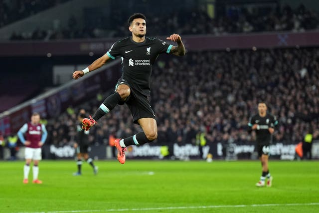 Luis Diaz celebrates the opening goal for Liverpool