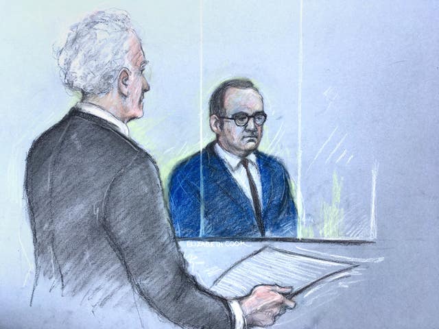 A sketch of Spacey (right) in the dock at Westminster Magistrates' Court last month