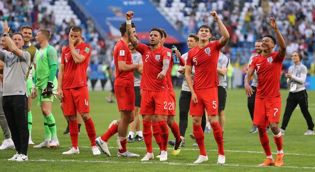 England players celebrate at full-time in Samara 