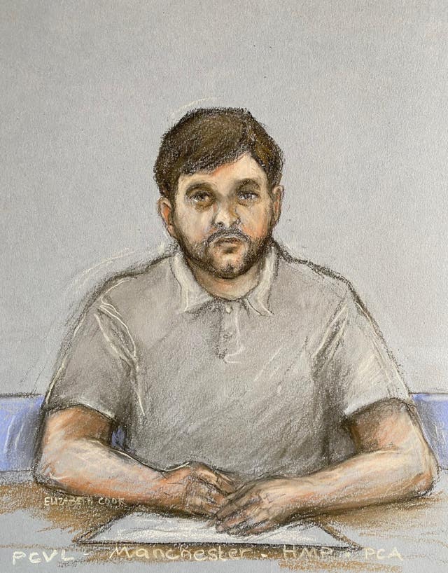 Court artist sketch by Elizabeth Cook of Thomas Cashman appearing via video link at Liverpool Crown Court in February
