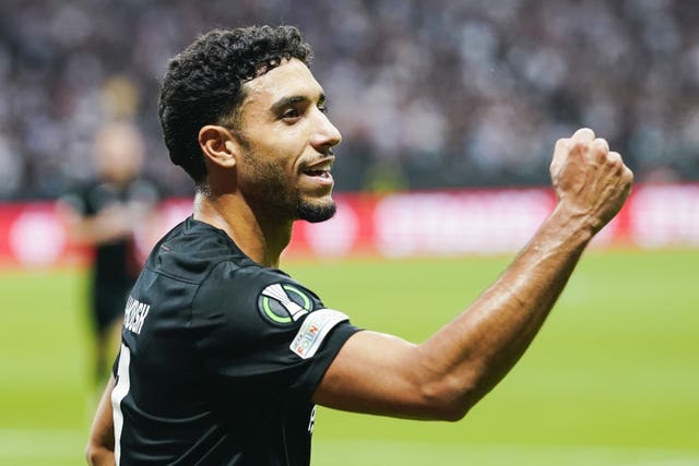 Omar Marmoush celebrates scoring a goal for Eintracht Frankfurt against Aberdeen