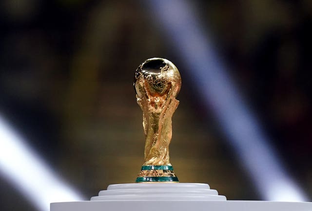 Picture of the World Cup trophy at the 2022 final between Argentina and France