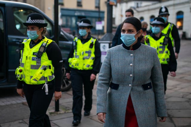 Home Secretary Priti Patel during a foot patrol with new police