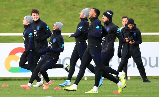 Raheem Sterling, third from the left, during England's training session on Tuesday