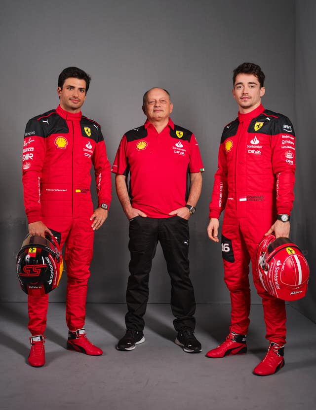 Carlos Sainz (left), Frederic Vasseur (centre) and Charles Leclerc
