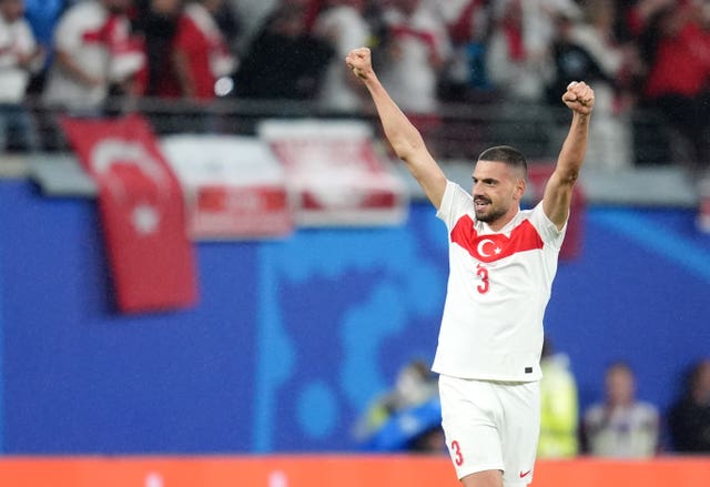 Merih Demiral celebrates scoring Turkey''s second goal against Austria