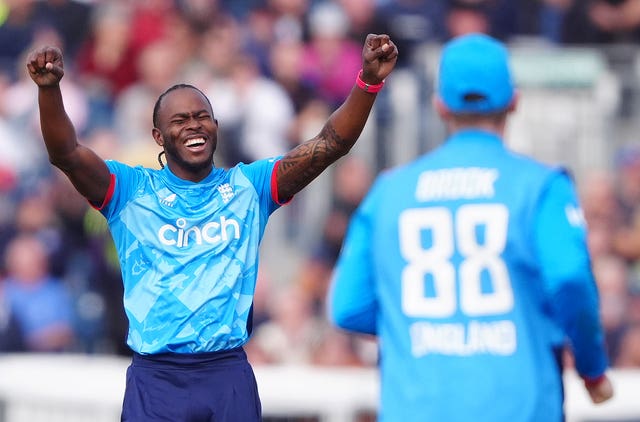 Jofra Archer celebrates dismissing Australia's Steve Smith in a ODI in Durham.