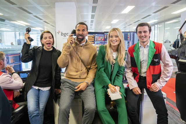 Sadie Frost, Rio Ferdinand and Laura Whitmore during the BGC annual charity day at Canary Wharf in London