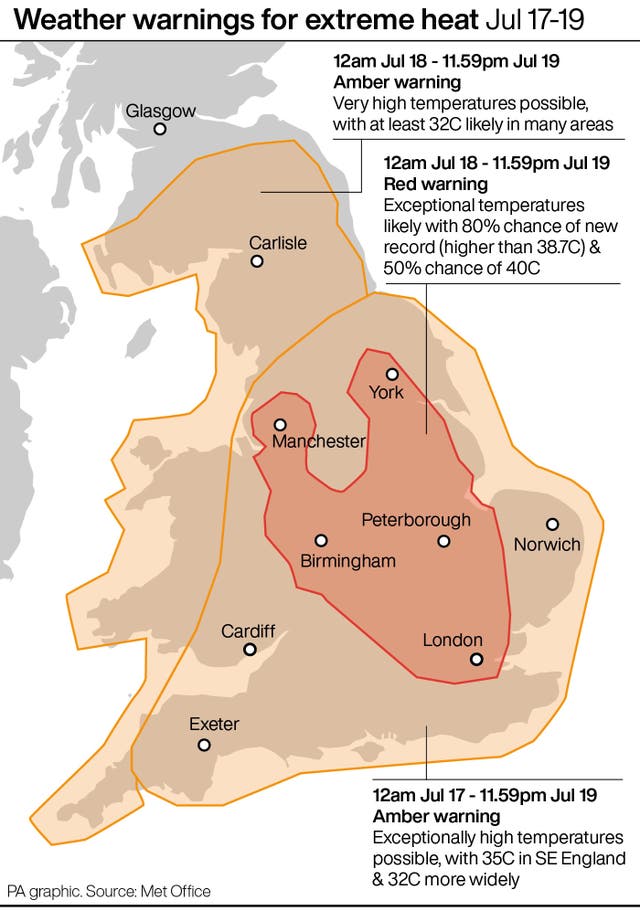 Weather warnings for extreme heat Jul 17-19