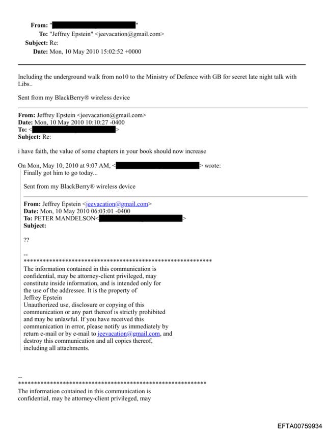 An apparent email exchange between Jeffrey Epstein and Lord Mandelson
