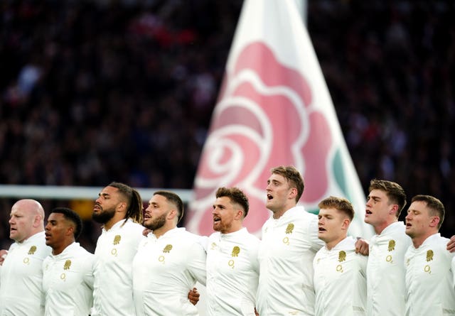 England's men's side sing the national anthem before a game at Twickenham