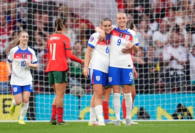 England’s Aggie Beever-Jones (right) celebrates with Grace Clinton after completing her hat-trick against Portugal