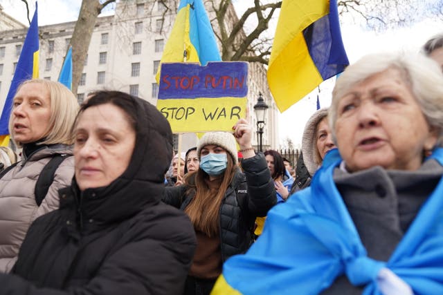 Ukrainians hold a protest against the Russian invasion of Ukraine outside Downing Street, central London (Stefan Rousseau/PA)