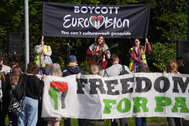 Protesters in Dublin calling for a boycott of the Eurovision Song Contest 