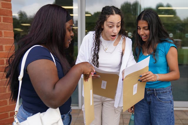 Aisha Sidime, Daleen Sherkawi and Orissa Mistry react as they receive their A-level results at Solihull School in the West Midlands