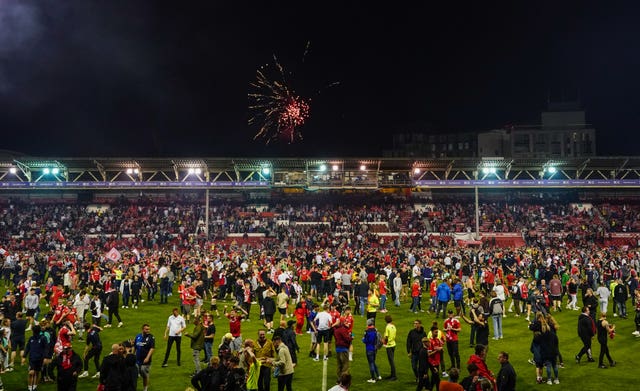 Fans invade the pitch after the Championship play-off semi-final between Nottingham Forest and Sheffield United
