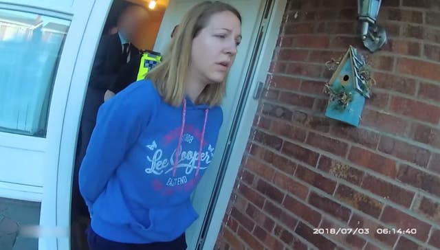 Screen grab taken from body-worn camera footage issued by police of the arrest of Lucy Letby