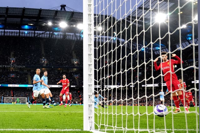 Dominik Szoboszlai scores Liverpool's second goal against Manchester City