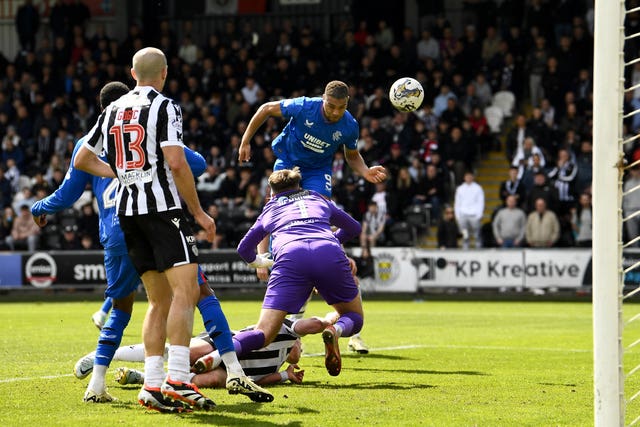 Cyriel Dessers, top right, heads Rangers' winner against St Mirren