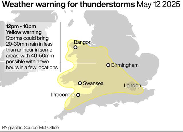 A PA graphic showing the Met Office weather warning for thunderstorms on May 12