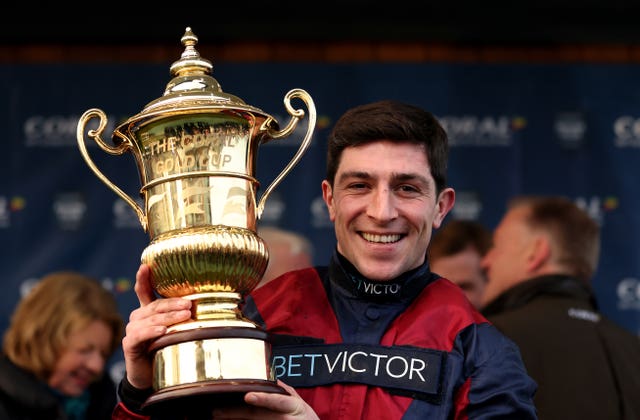 Jockey Gavin Sheehan after winning the Coral Gold Cup