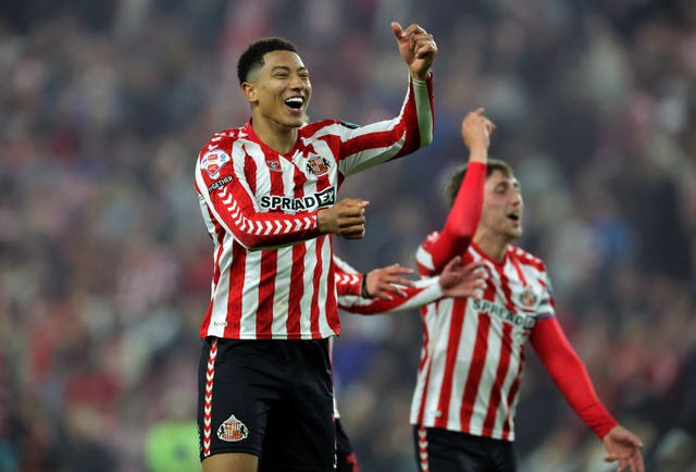 Sunderland’s Jobe Bellingham celebrates after the Sky Bet Championship play-off semi-final, second leg match against Coventry
