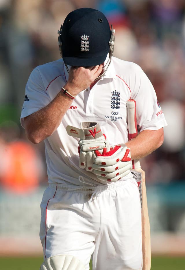 A devastated Paul Collingwood leaves the field after being dismissed by Australia’s Peter Siddle for 74