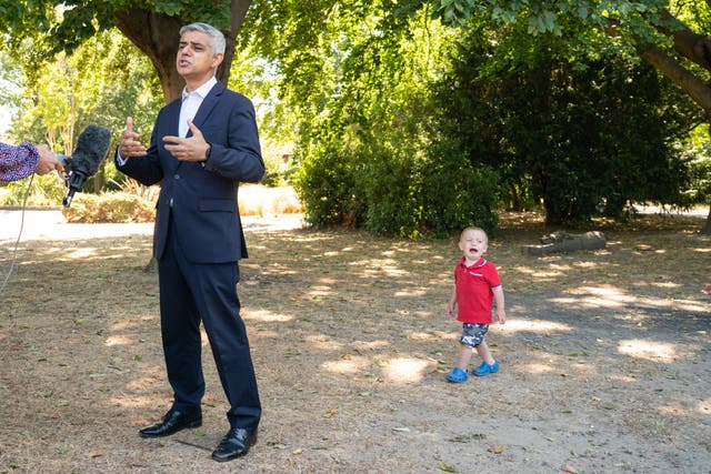 Mayor of London Sadiq Khan speaks to the media during a visit to Mums for Lungs community group in South Woodford, London, to coincide with the final day of the Ulez expansion consultation (Dominic Lipinski/PA)