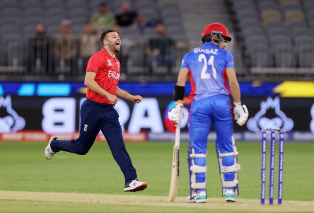 England bowler Mark Wood dismisses Rahmanullah Gurbaz of Afghanistan