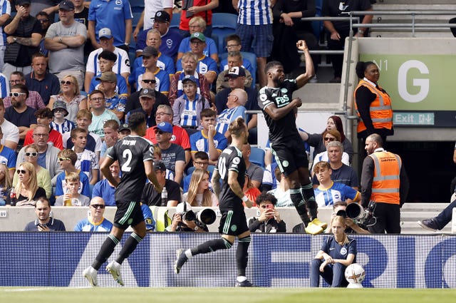 Kelechi Iheanacho (top right) celebrates