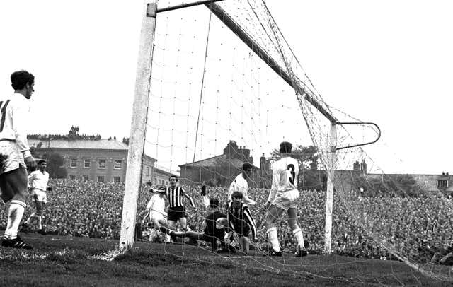 Newcastle skipper Bob Moncur scores in the first leg of the club's Inter-Cities Fairs Cup final victory over Ujpest Dozsa