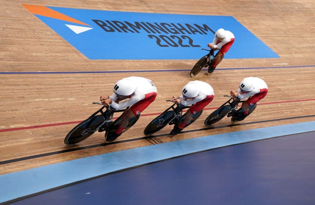 Dan Bigham, Charlie Tanfield, Ethan Vernon and Oli Wood on their way to a silver medal at the Commonwealth Games