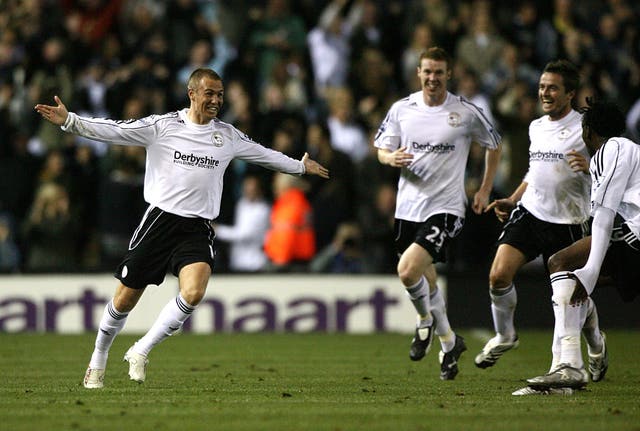 Kenny Miller, left, and Derby celebrate their winner against Newcastle